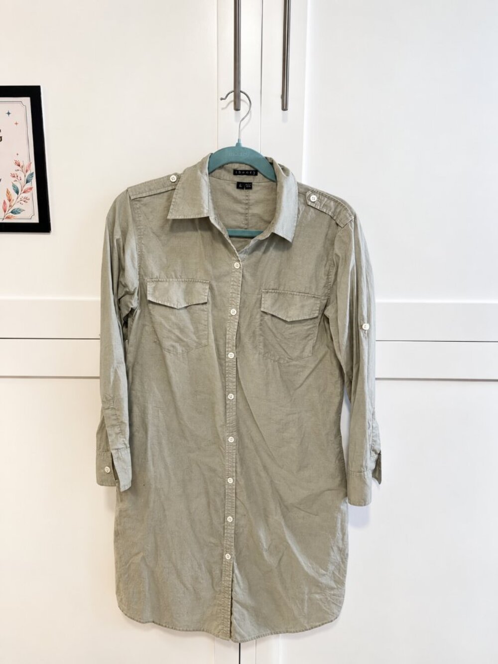 Theory Olive-Green/Gray Button-Front Shirt Dress - Size 6 - Medium